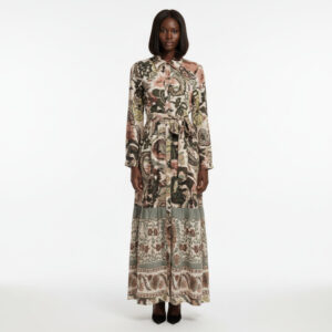 Border Print Tiered Crepe Shirt Dress Assorted
